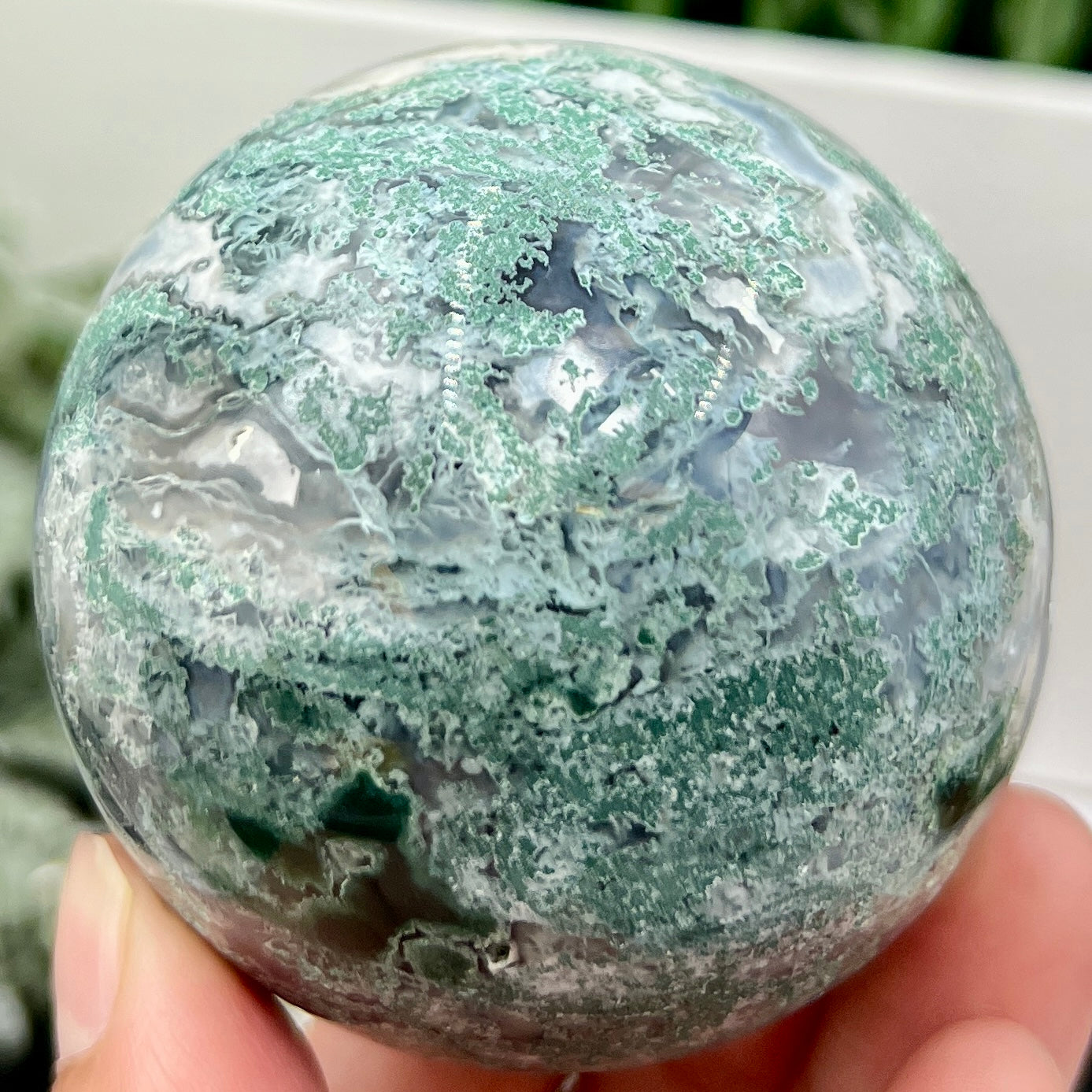 Moss Agate Sphere High Quality Crystal Ball 332g 64mm