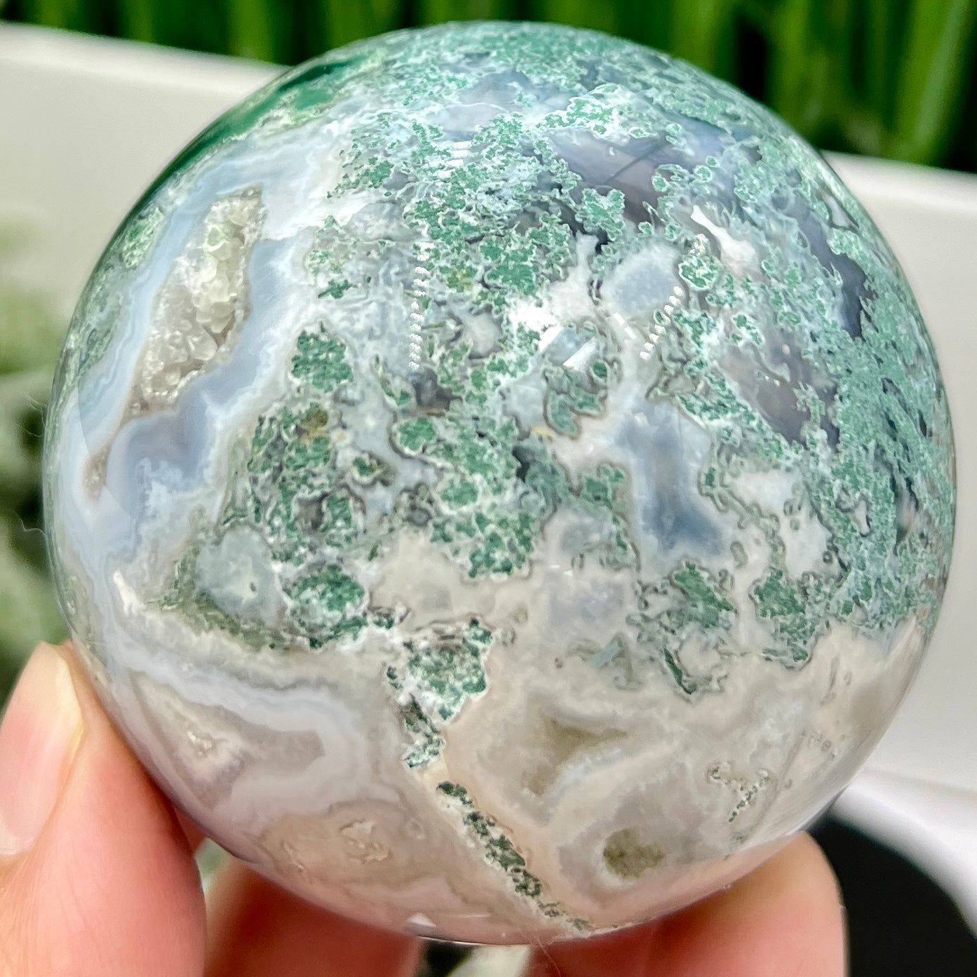 Moss Agate Sphere High Quality Crystal Ball 332g 64mm