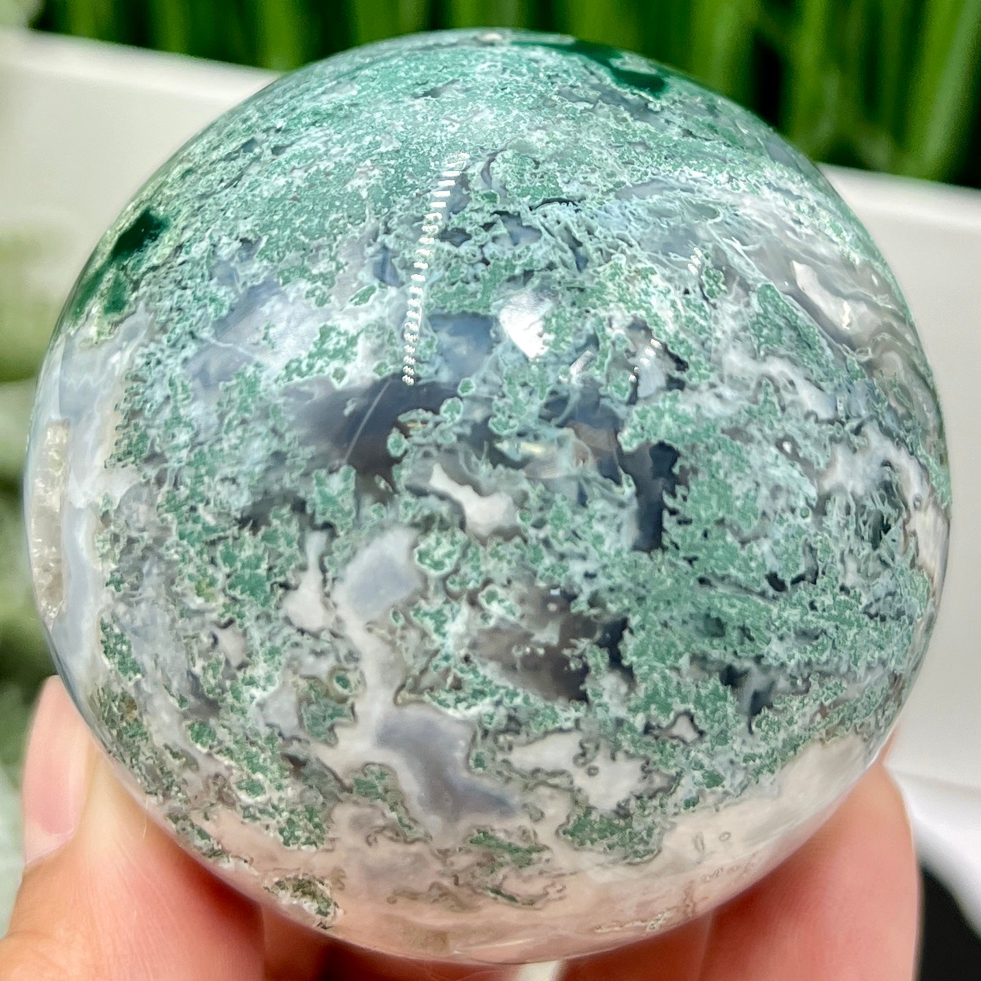 Moss Agate Sphere High Quality Crystal Ball 332g 64mm