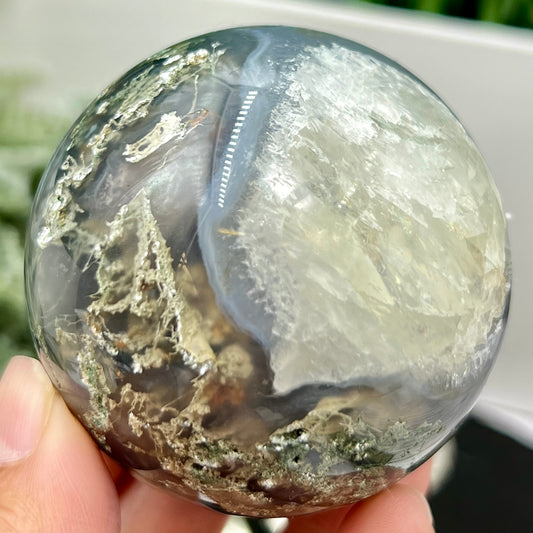 Blue Green Moss Agate with Selenite Sphere High Quality Crystal Ball 298g 61mm