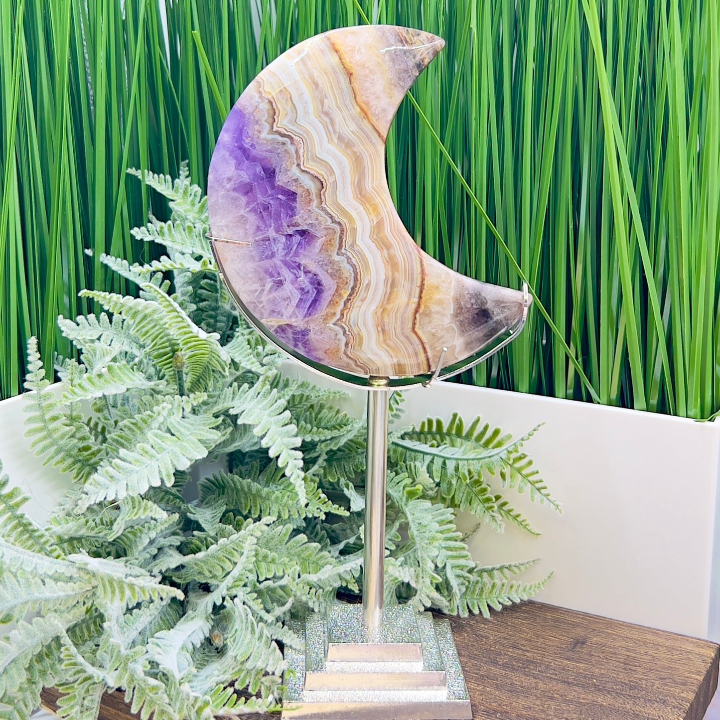 Amethyst with Mexican Lace Agate Purple Moon Crescent with Stand Healing Crystal 380g