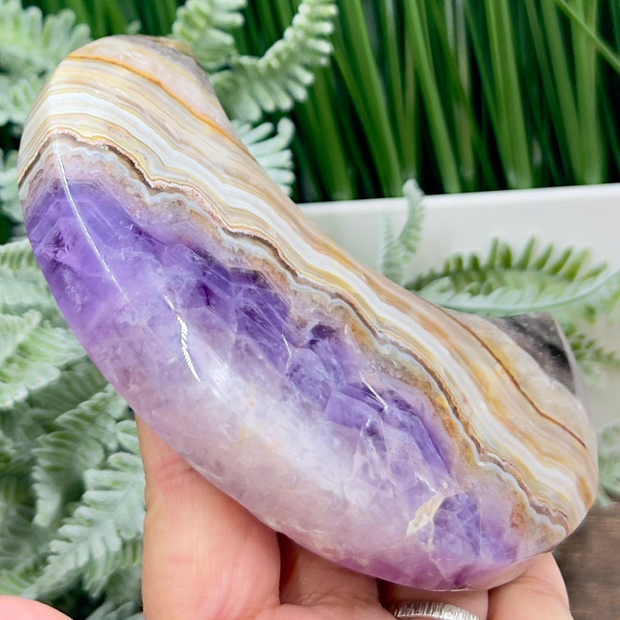 Amethyst with Mexican Lace Agate Purple Moon Crescent with Stand Healing Crystal 380g