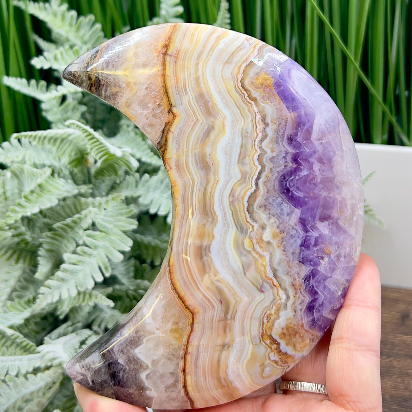 Amethyst with Mexican Lace Agate Purple Moon Crescent with Stand Healing Crystal 380g