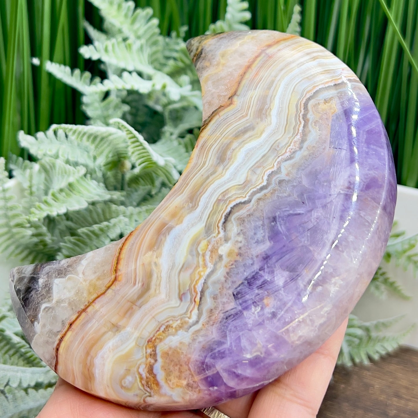 Amethyst with Mexican Lace Agate Purple Moon Crescent with Stand Healing Crystal 380g