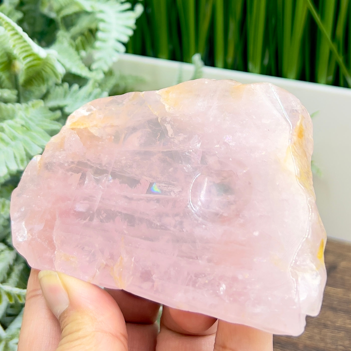 Rose Quartz with Golden Healer Sphere Holder Slice Crystal Slab for Spheres 210g