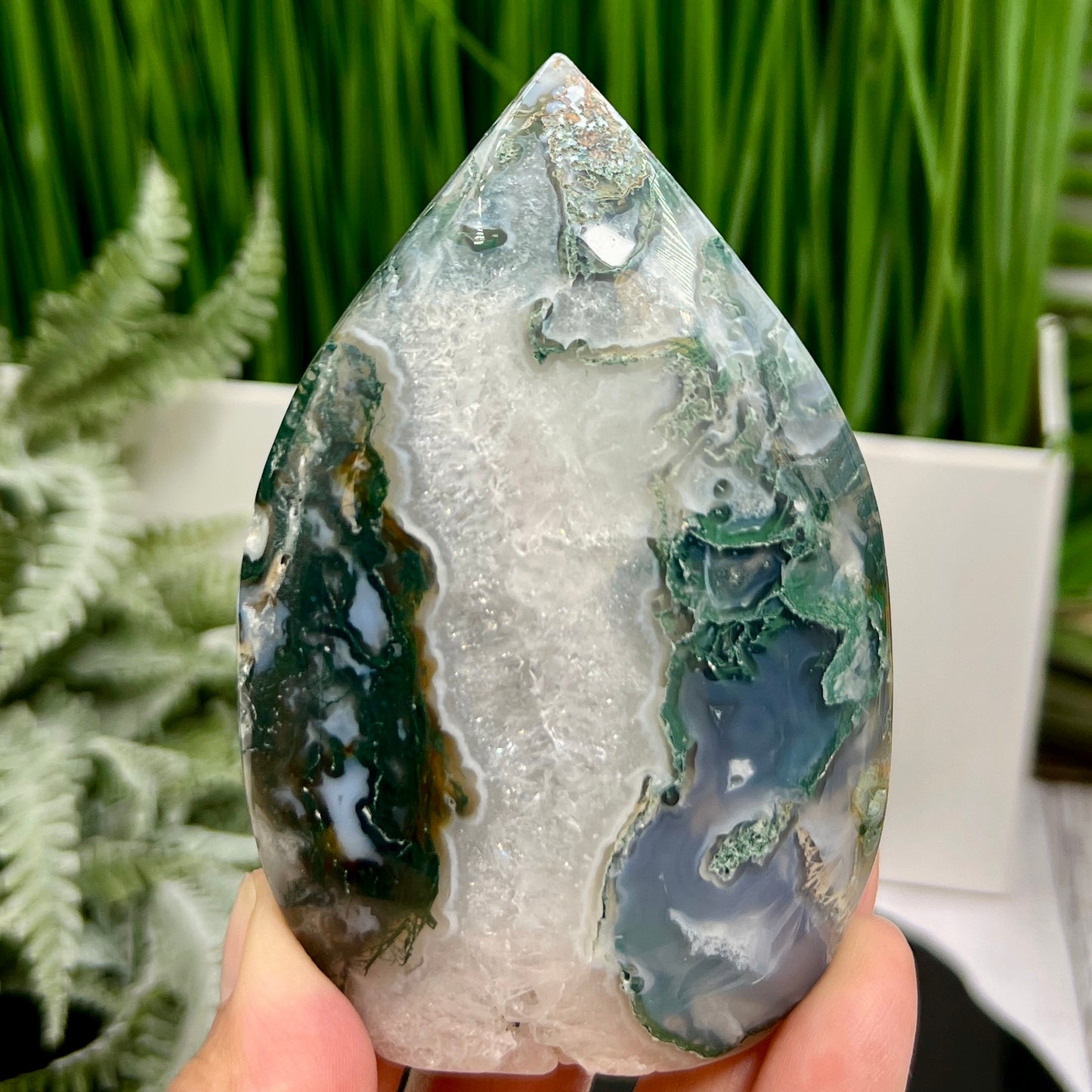 Moss Agate Quartz Druzy Flame High Quality Crystal 292g 104mm