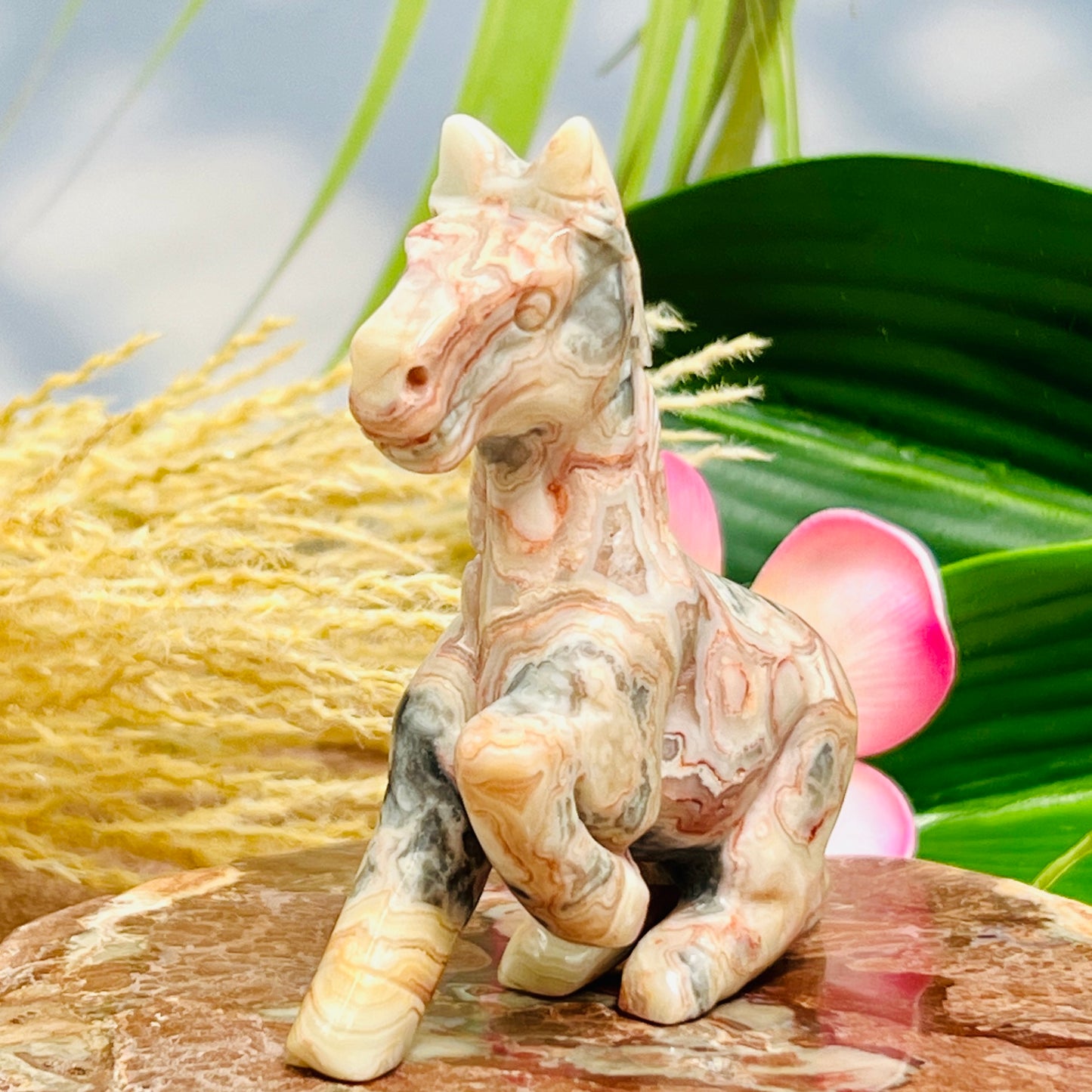 Pink Crazy Lace Agate Running Horse Healing Crystal Farm Animal Carving