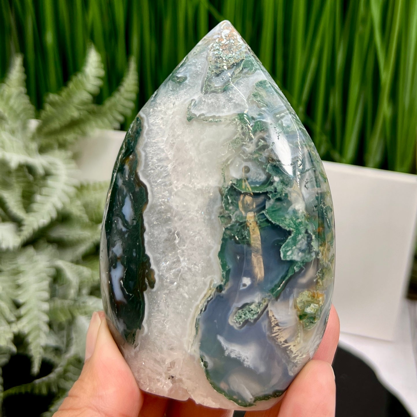 Moss Agate Quartz Druzy Flame High Quality Crystal 292g 104mm