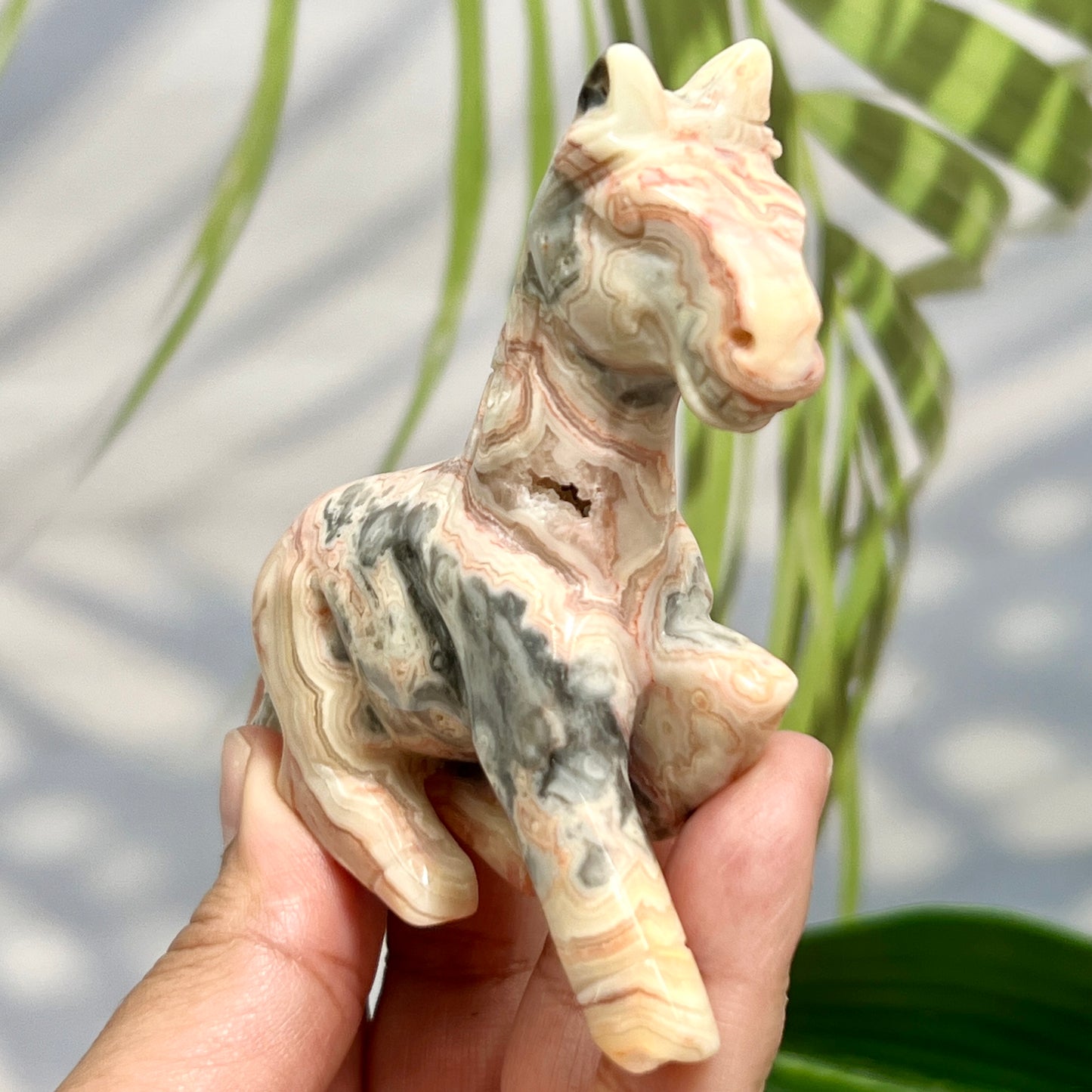 Pink Crazy Lace Agate Running Horse Healing Crystal Farm Animal Carving