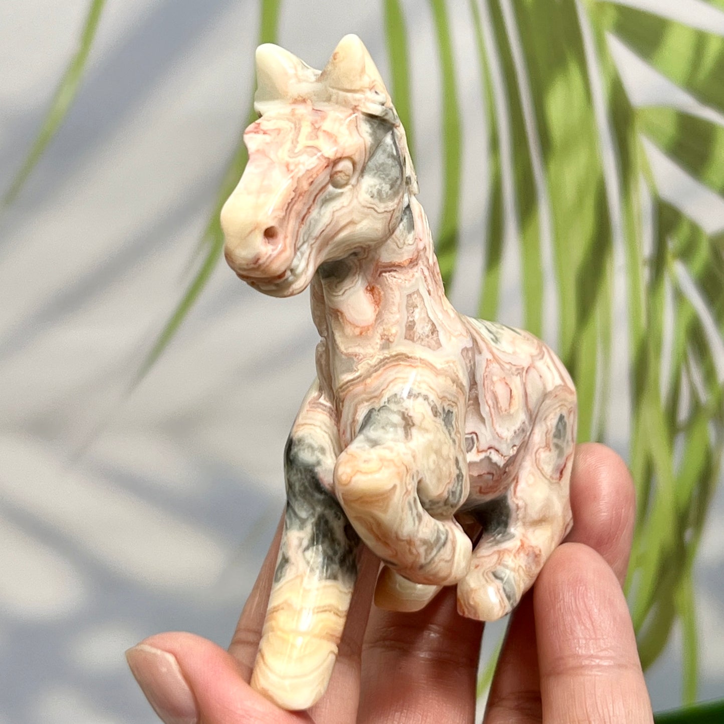 Pink Crazy Lace Agate Running Horse Healing Crystal Farm Animal Carving