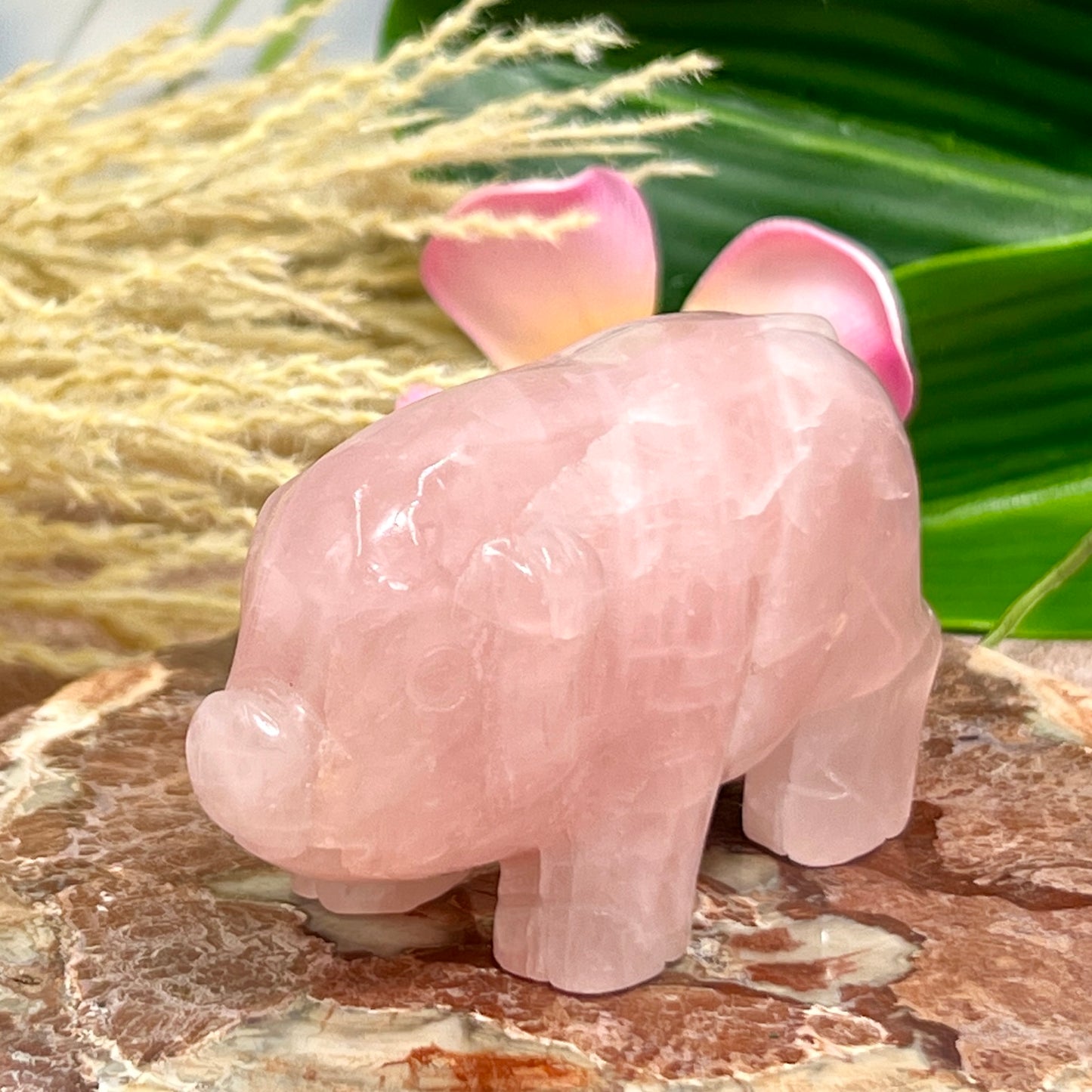 Rose Quartz Pig Healing Crystal Farm Animal Carving 227g