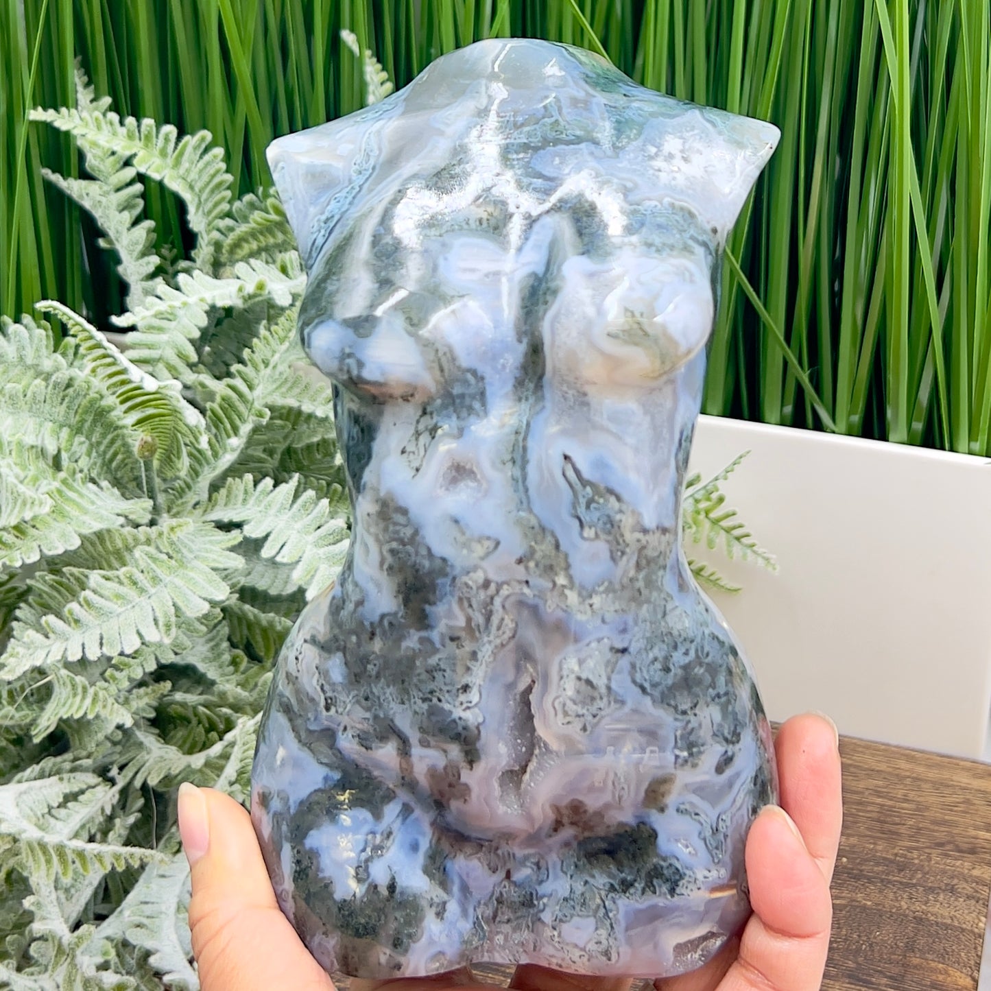 Moss Agate Large Female Body Crystal Lady Torso Carving 1422g