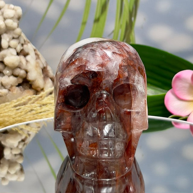 Hematoid Fire Quartz Skull Healing Crystal Carving 922g