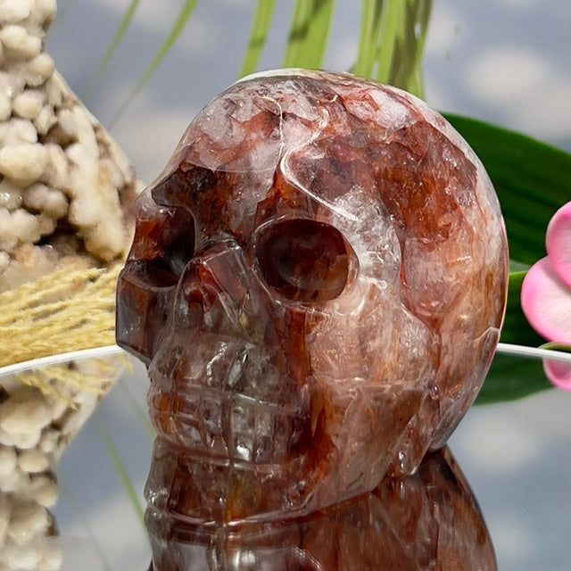 Hematoid Fire Quartz Skull Healing Crystal Carving 922g