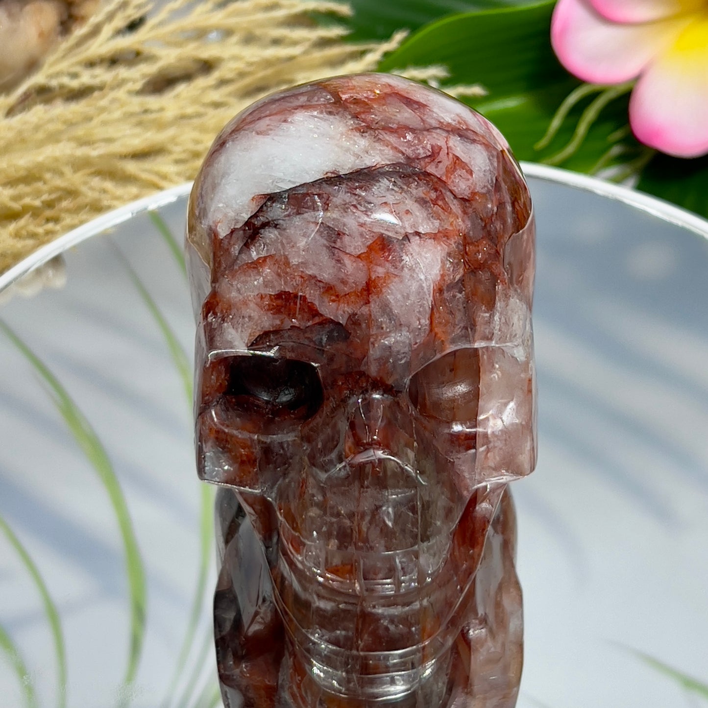 Hematoid Fire Quartz Skull Healing Crystal Carving 922g