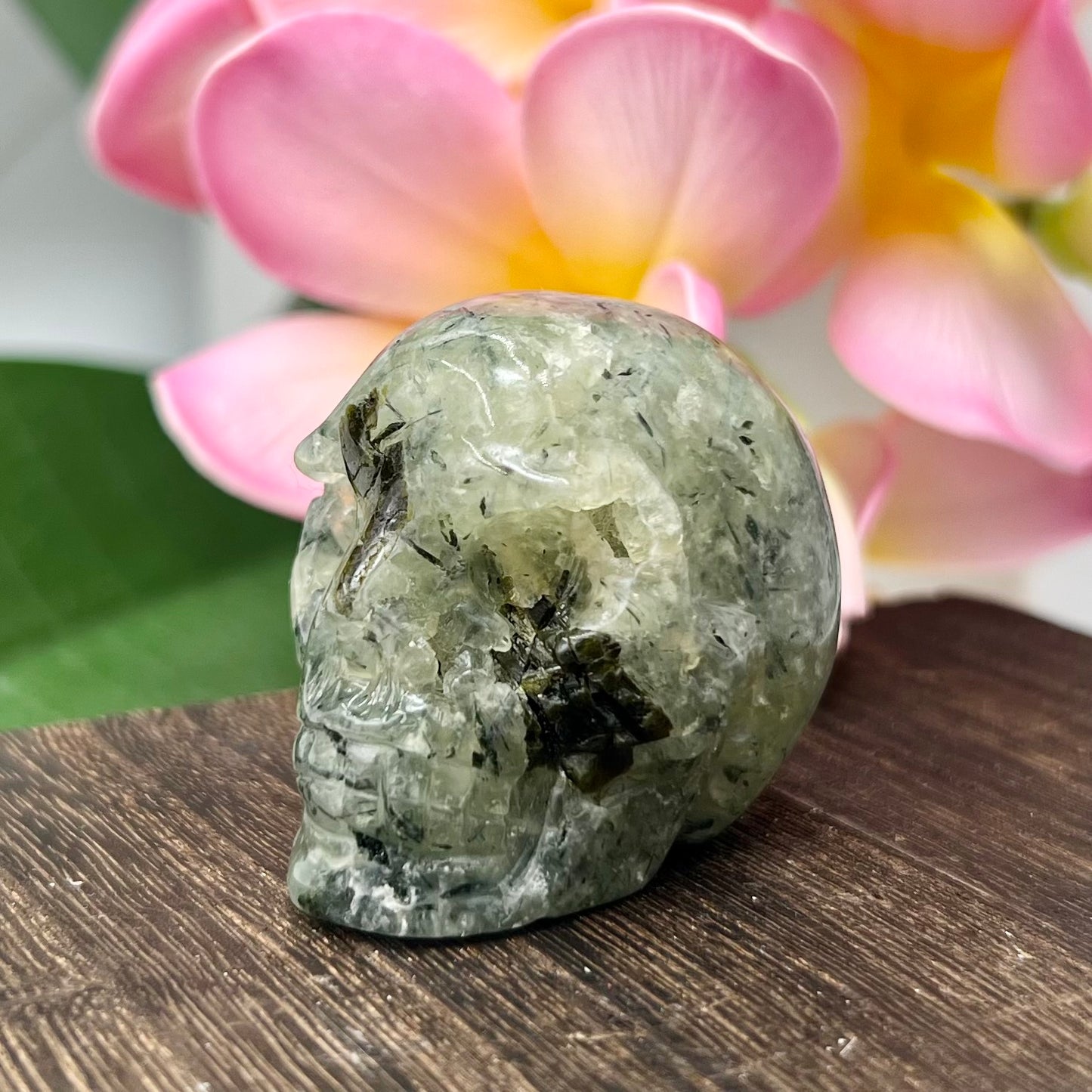 Prehnite with Epidote Skull 2 Inches Hand Carved Crystal Carving