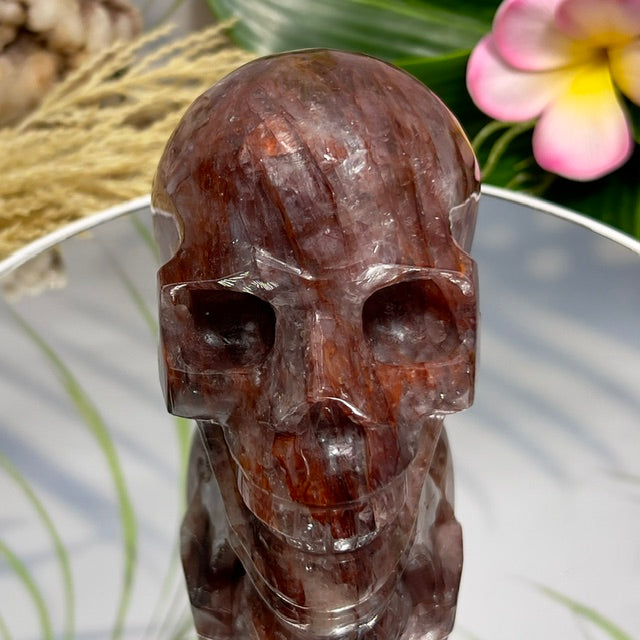 Hematoid Fire Quartz Skull Healing Crystal Carving 906g