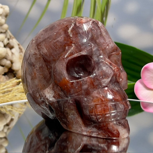 Hematoid Fire Quartz Skull Healing Crystal Carving 906g