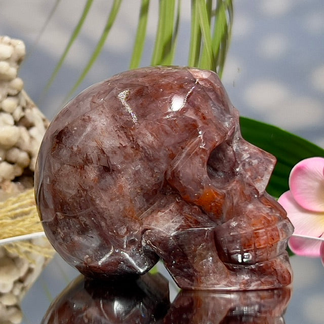 Hematoid Fire Quartz Skull Healing Crystal Carving 906g