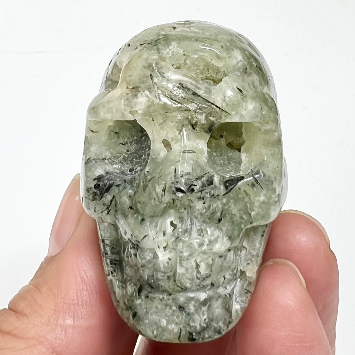 Prehnite with Epidote Skull 2 Inches Hand Carved Crystal Carving