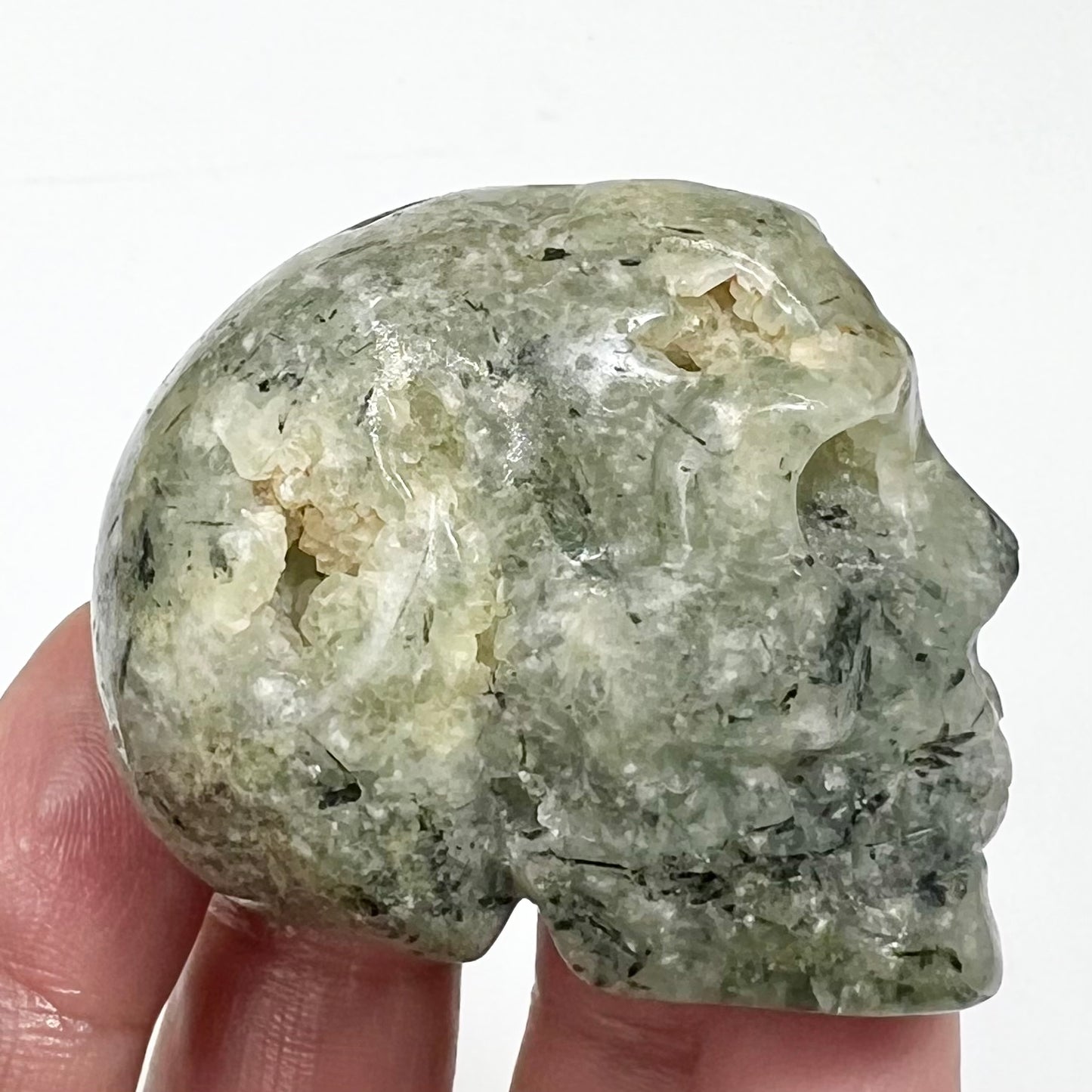 Prehnite with Epidote Skull 2 Inches Hand Carved Crystal Carving