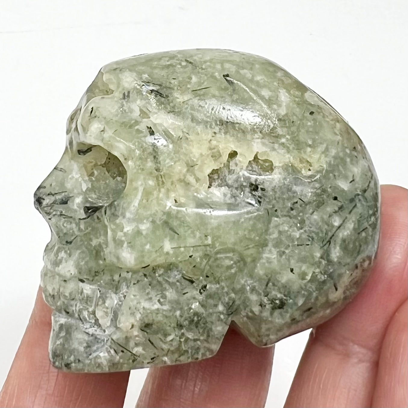 Prehnite with Epidote Skull 2 Inches Hand Carved Crystal Carving