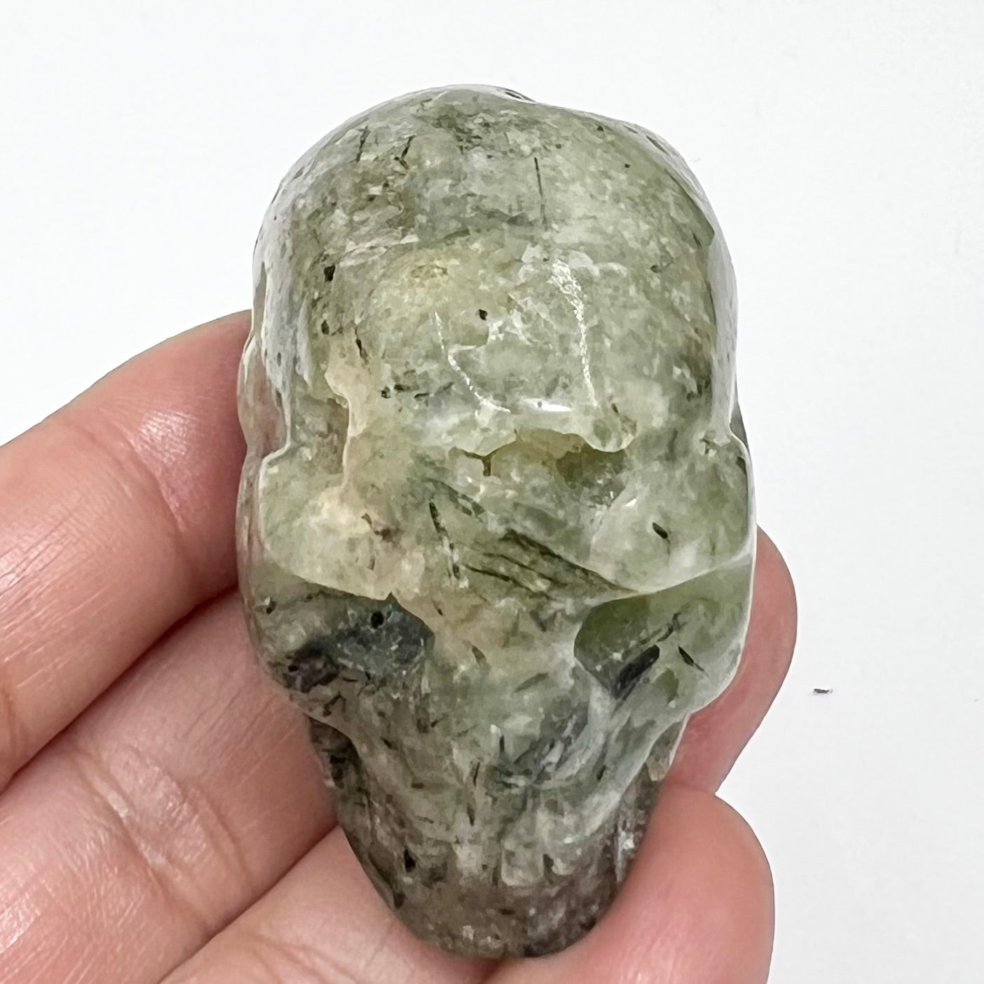 Prehnite with Epidote Skull 2 Inches Hand Carved Crystal Carving