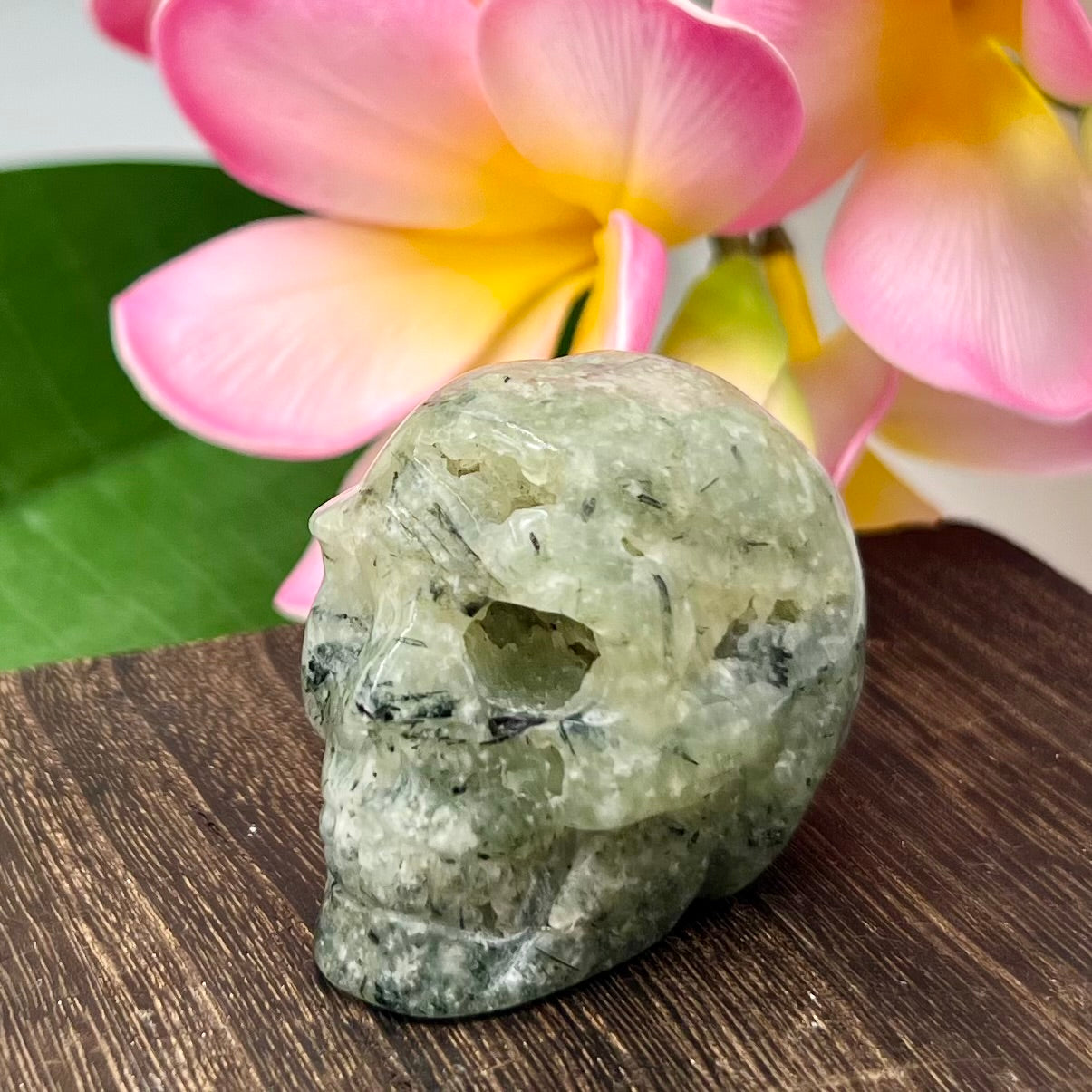 Prehnite with Epidote Skull 2 Inches Hand Carved Crystal Carving