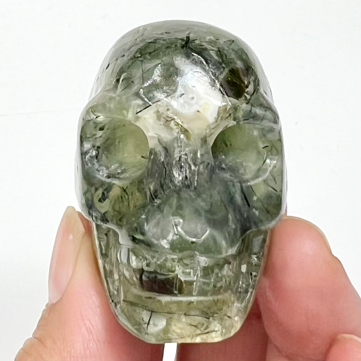 Prehnite with Epidote Skull 2 Inches Hand Carved Crystal Carving