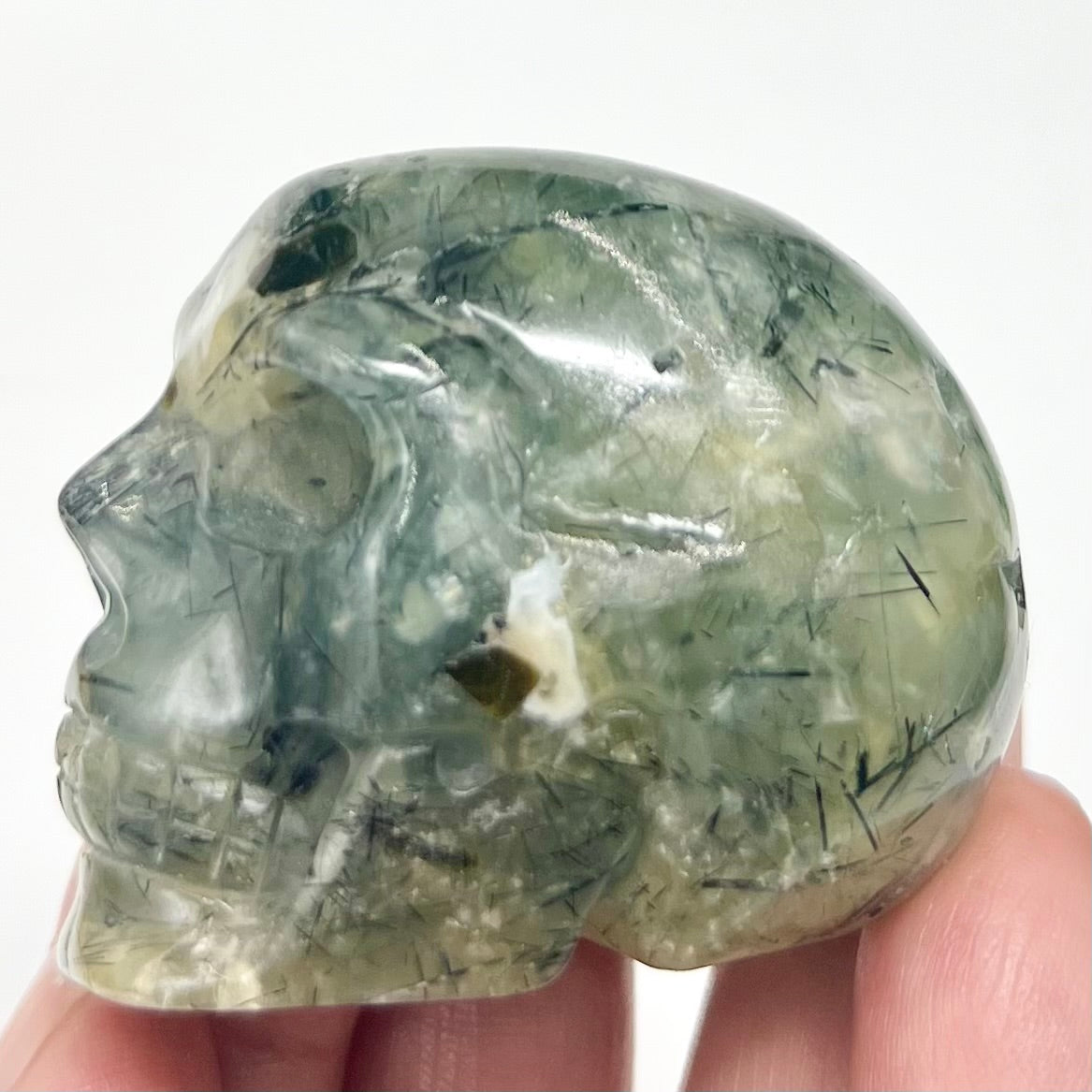 Prehnite with Epidote Skull 2 Inches Hand Carved Crystal Carving