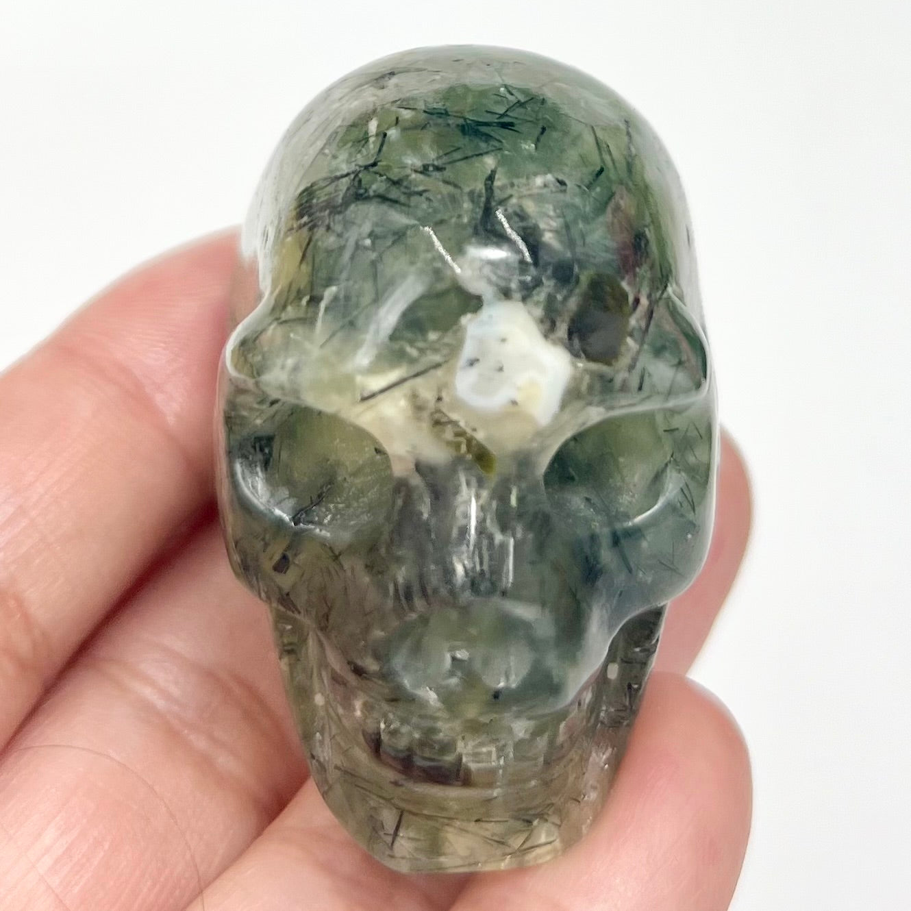 Prehnite with Epidote Skull 2 Inches Hand Carved Crystal Carving