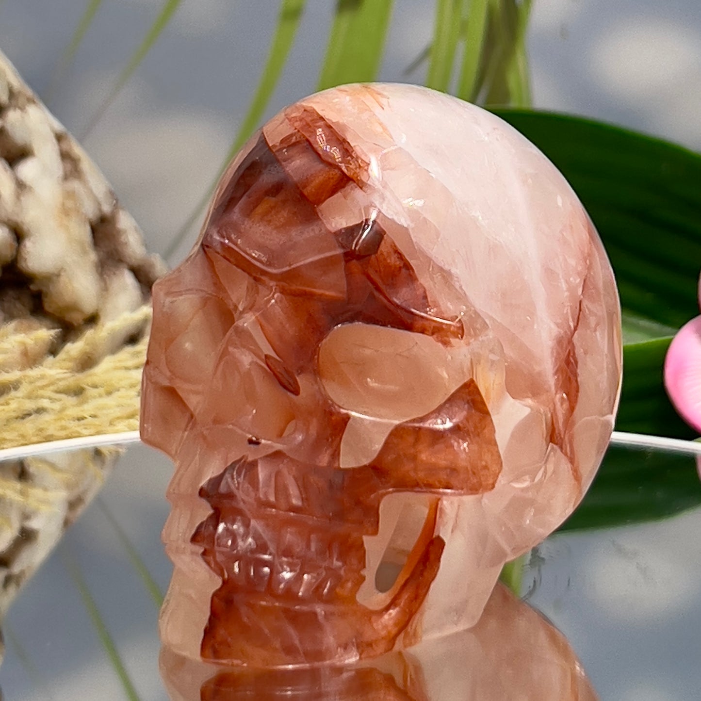 Hematoid Fire Quartz Hollow Jaw Skull Healing Crystal Carving 570g