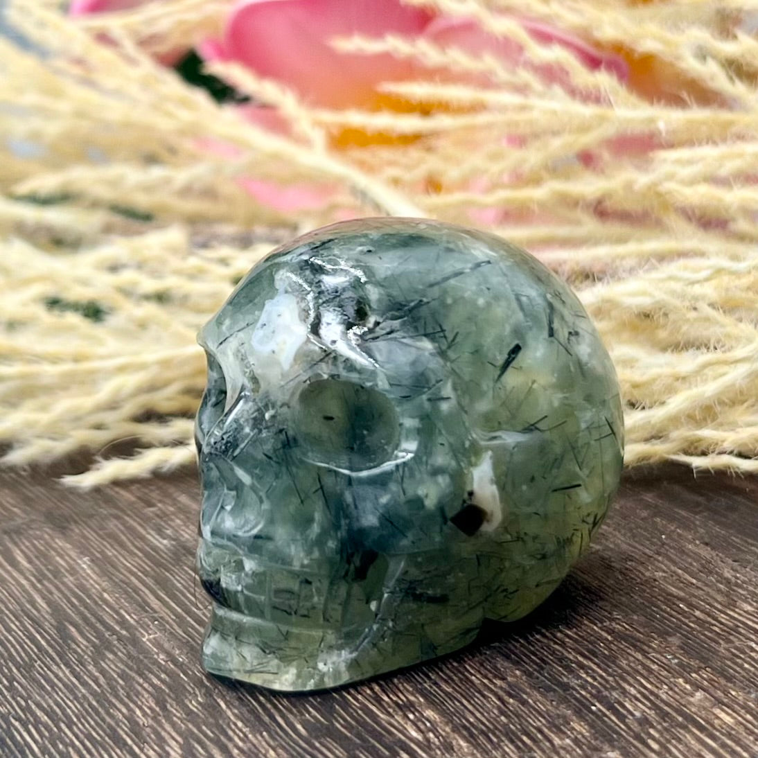 Prehnite with Epidote Skull 2 Inches Hand Carved Crystal Carving