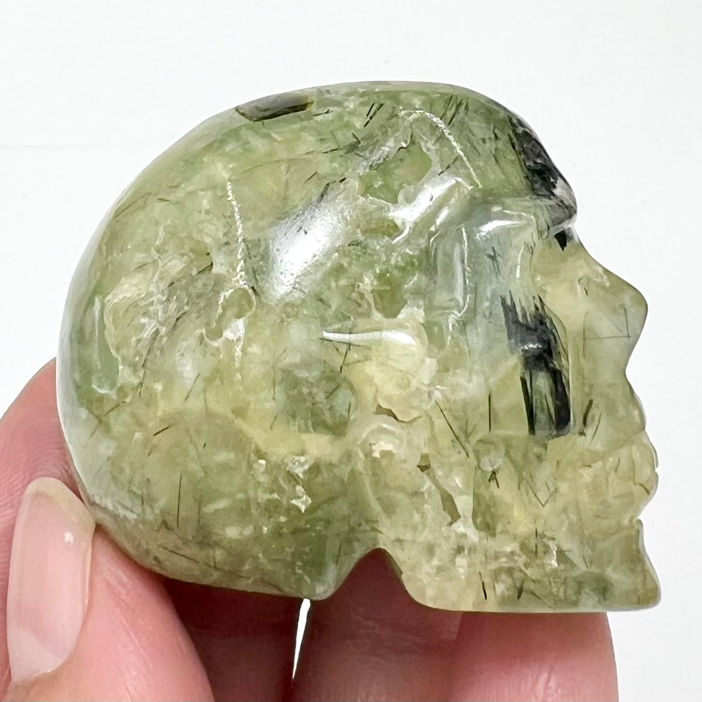 Prehnite with Epidote Skull 2 Inches Hand Carved Crystal Carving