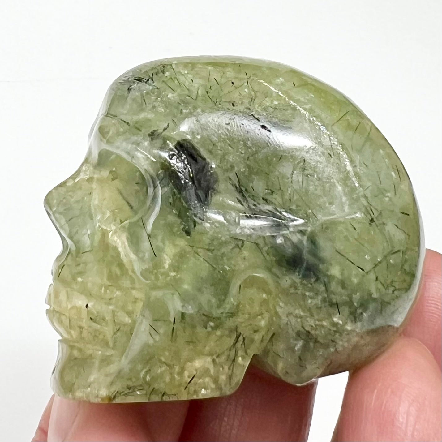 Prehnite with Epidote Skull 2 Inches Hand Carved Crystal Carving