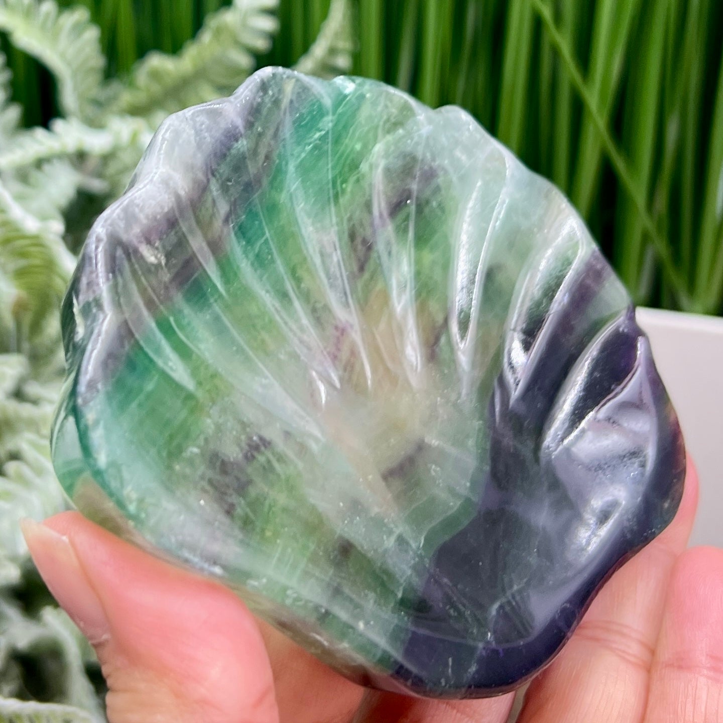 Purple Green Fluorite Shell Shaped Bowl Crystal Carving 246g