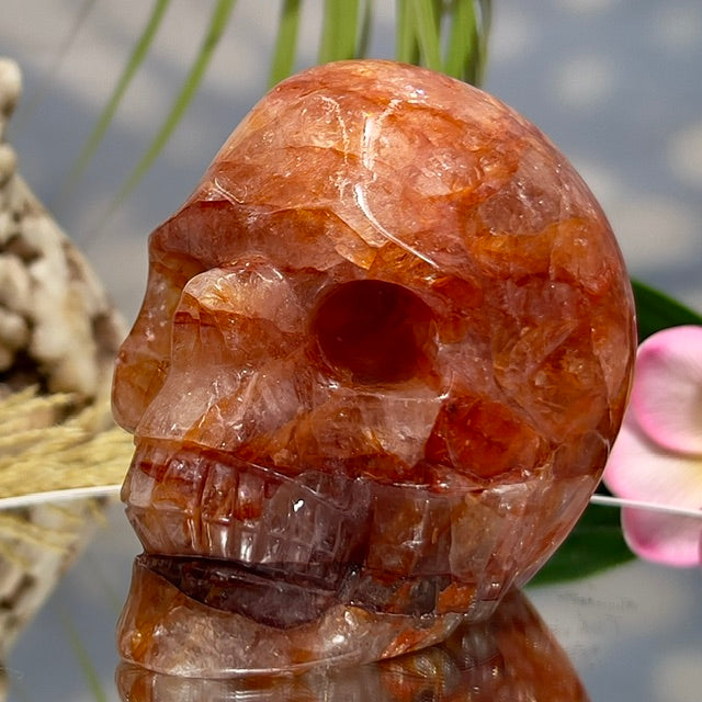 Hematoid Fire Quartz Skull Healing Crystal Carving 881g