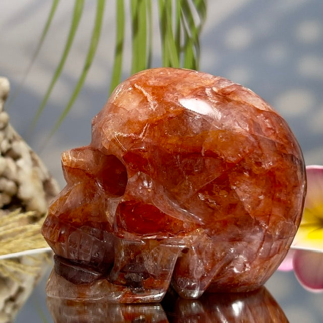 Hematoid Fire Quartz Skull Healing Crystal Carving 881g