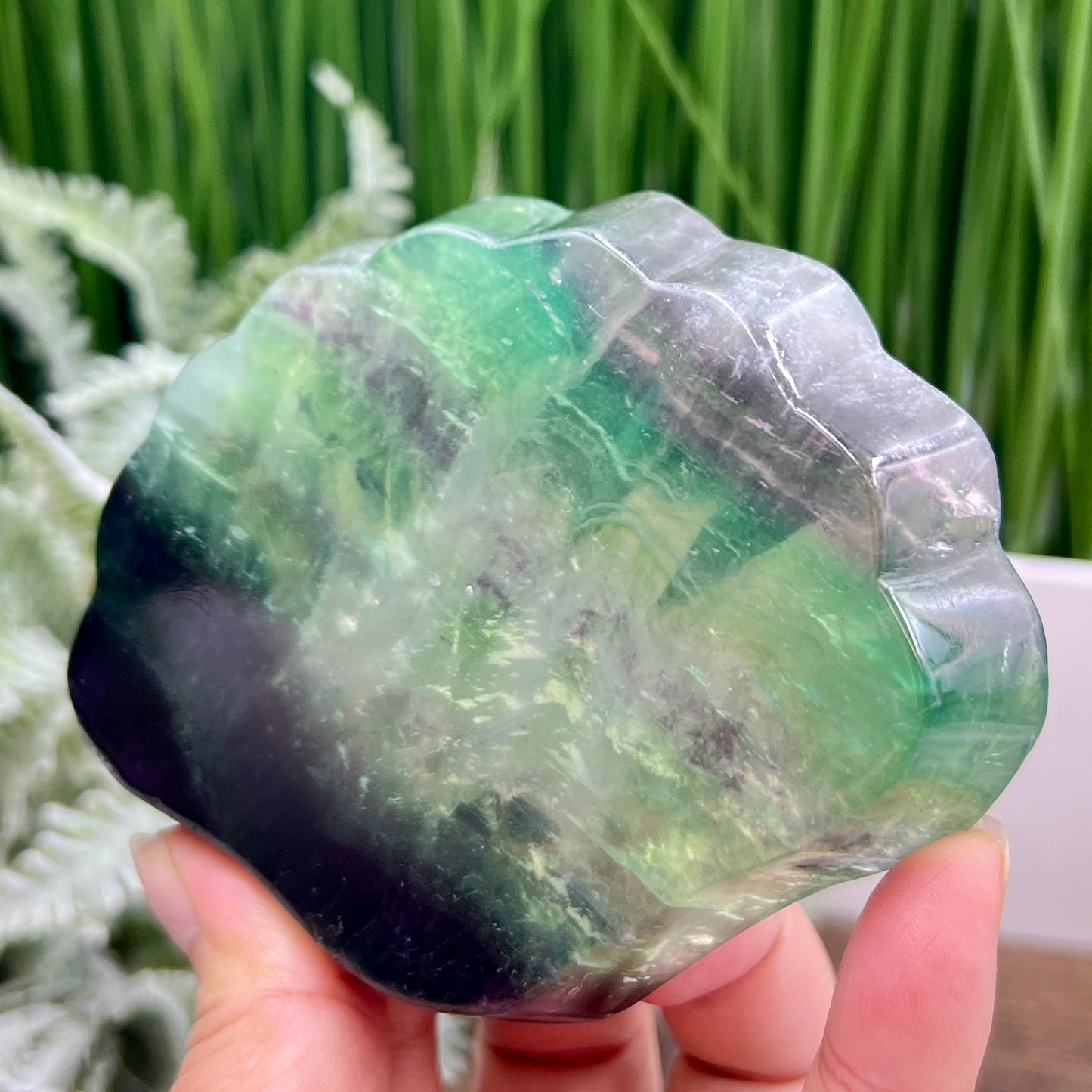 Purple Green Fluorite Shell Shaped Bowl Crystal Carving 246g