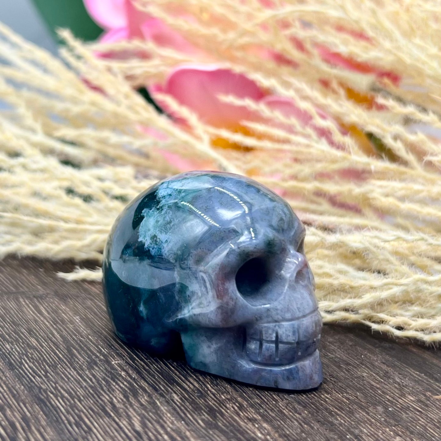 Moss Agate Ocean Jasper Skull 2 Inches Hand Carved Crystal Carving