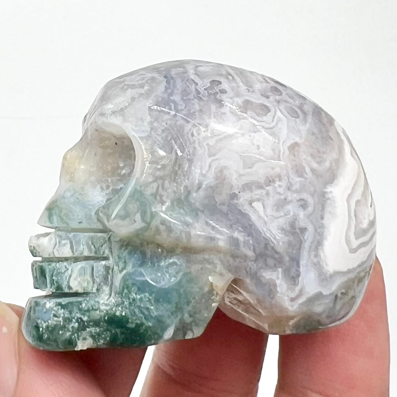 Moss Agate Ocean Jasper Skull 2 Inches Hand Carved Crystal Carving