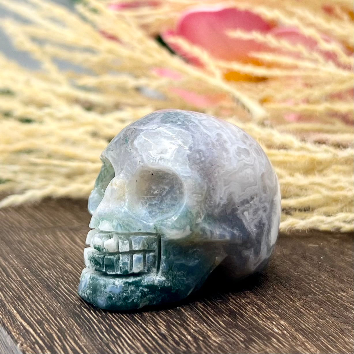 Moss Agate Ocean Jasper Skull 2 Inches Hand Carved Crystal Carving