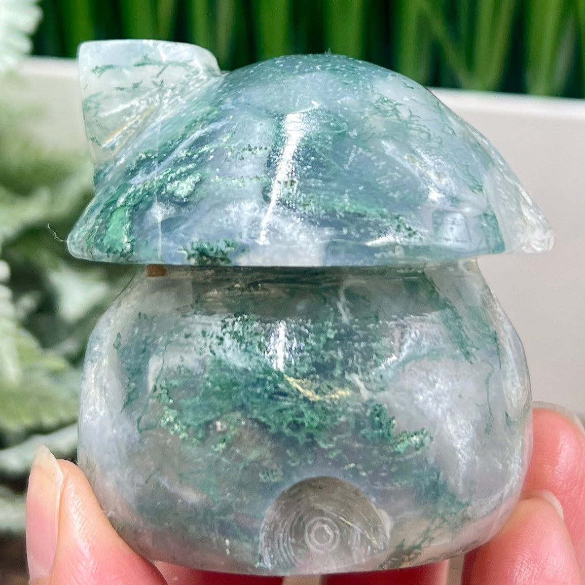 Moss Agate Mushroom House Healing Crystal Carving 312g