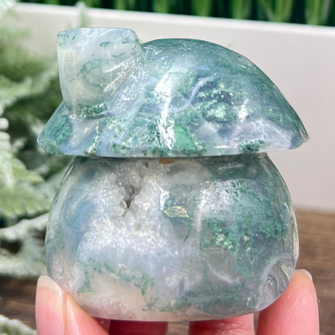 Moss Agate Mushroom House Healing Crystal Carving 312g