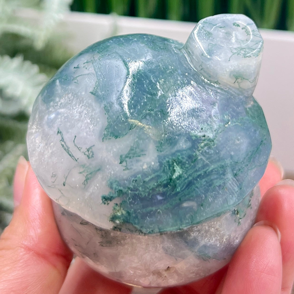 Moss Agate Mushroom House Healing Crystal Carving 312g