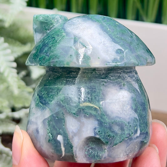 Moss Agate Mushroom House Healing Crystal Carving 322g