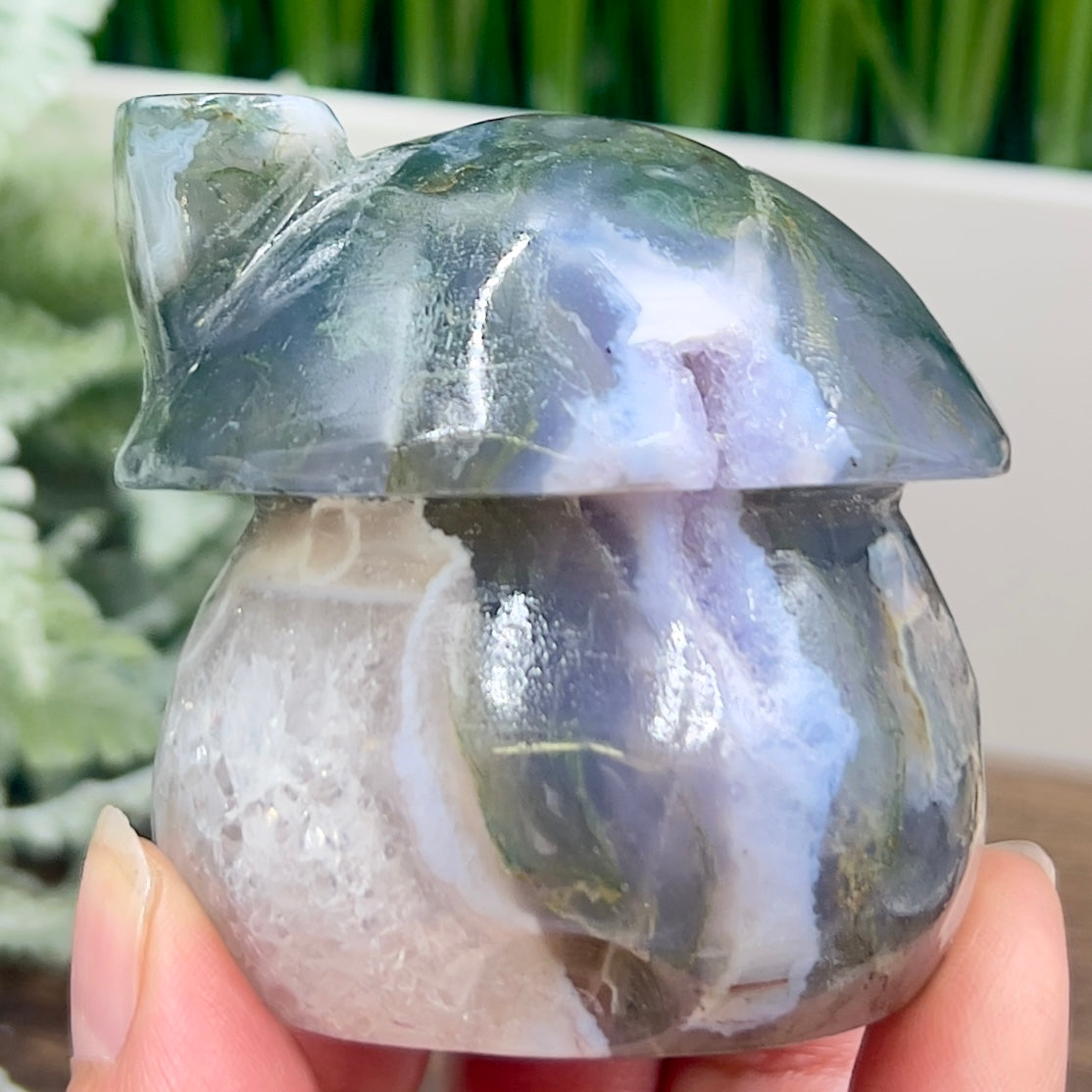 Moss Agate Mushroom House Healing Crystal Carving 310g