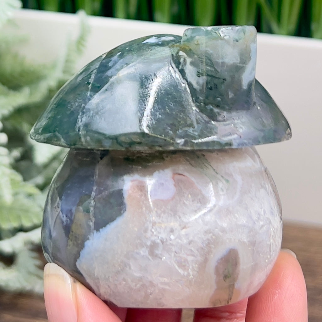 Moss Agate Mushroom House Healing Crystal Carving 310g