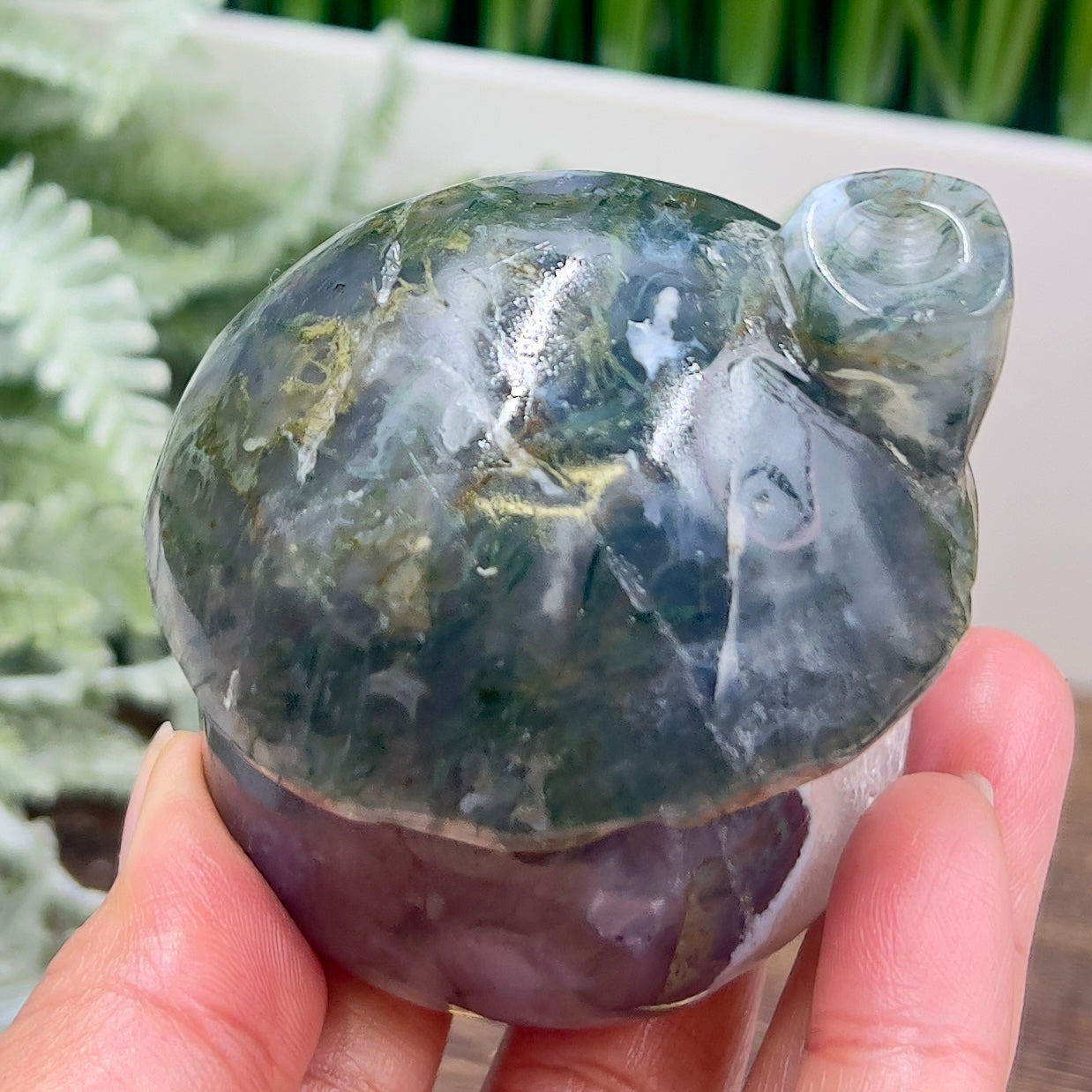 Moss Agate Mushroom House Healing Crystal Carving 310g