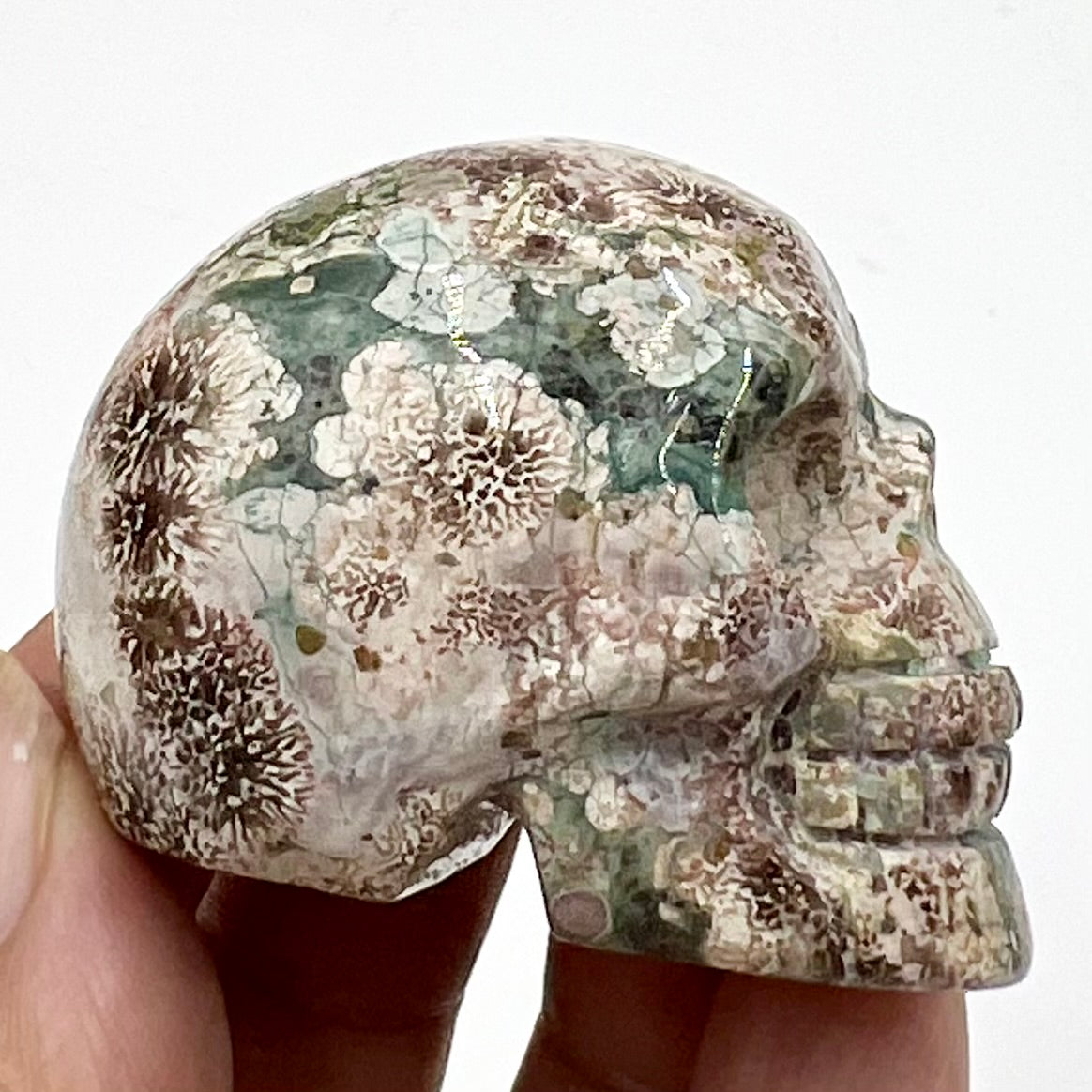 Russian Flower Cherry Blossom Jasper Skull 2 Inches Hand Carved Crystal Carving